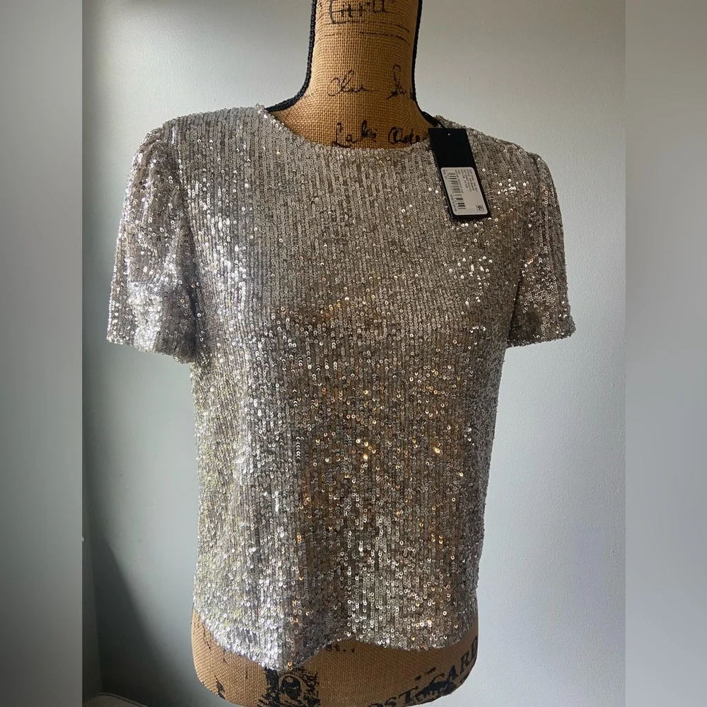Gianni Bini Silver Sequin Short Sleeve Top - Picture 1 of 11